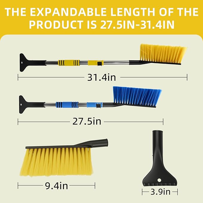 Telescoping Car Snow Brush & Ice Scraper - Detachable Handle, Extra Wide Bristles, Foam Grip - Portable Vehicle Snow Tool