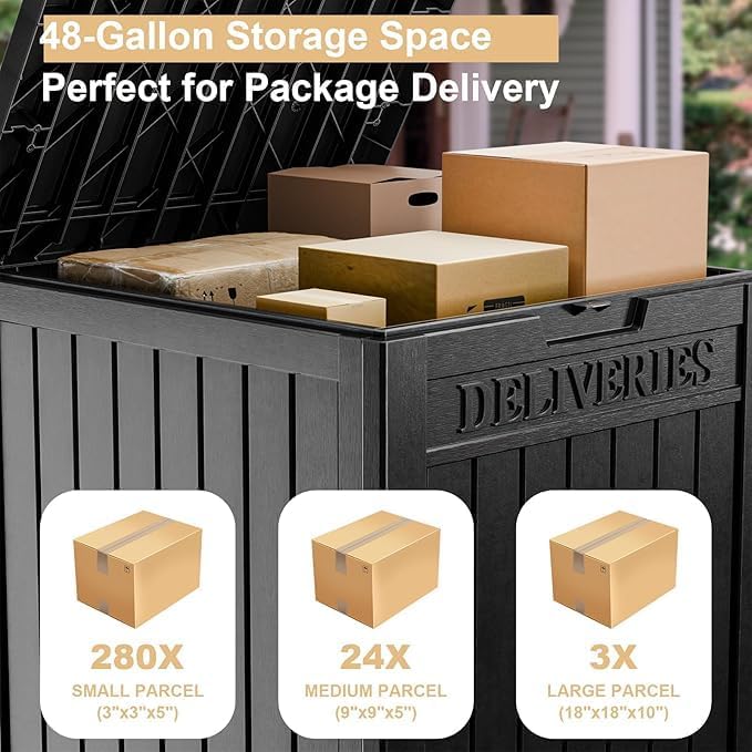 48 Gallon Resin Package Delivery Box - Rust & Moisture Resistant, Lockable, Waterproof Deck Box for Porches, Patios, Indoor & Outdoor Use (Blcak, 48 GAL)