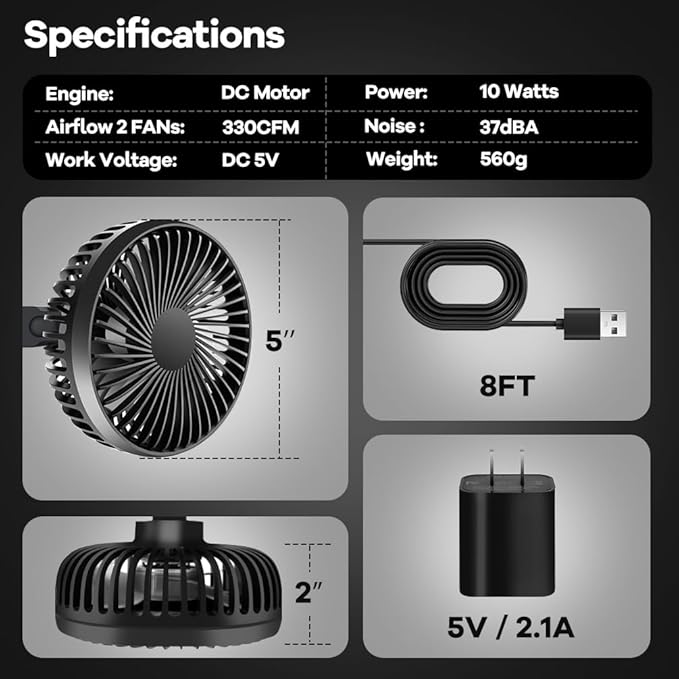 Grow Tent Fan, 5in Two Fans for Greenhouse Plant All Direction Ventilation Circulation Instead of Oscillating, Can Work with Timer and Thermostat, 3 Speeds IP54 Waterproof 8ft Cord Power Adapter