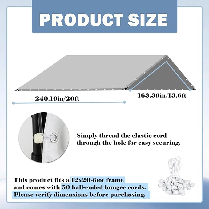 Carport Canopy 12x20 Heavy Duty, Waterproof Car Canopy, Tear Resistant Car Tent, Sun Resistant Car Port, for Garage Covering Family Vehicle Business Events Outdoor Deck（Without Frame）