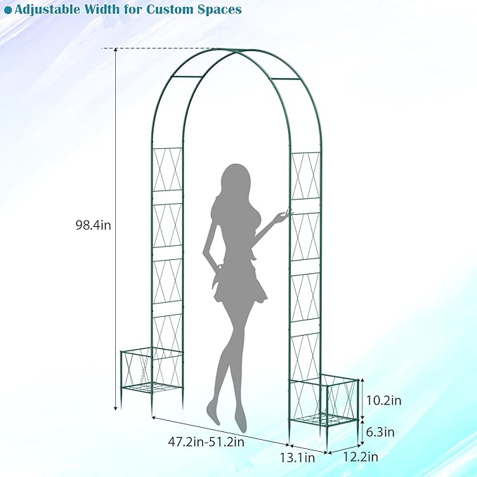 8.2Ft Garden Arch Trellis with Planter Boxes for Climbing Plants Outdoor, Metal Wedding Arch Frame for Ceremony, Pumpkin Archway Garden Arbors and Arches for Christmas Bridal Party Decoration(Green)