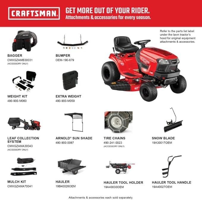 Craftsman 42" Gas Riding Lawn Mower with 17.5 HP* Briggs and Stratton Single-Cylinder Engine, Gas Lawn Tractor with 7-Speed Transmission, Red/Black