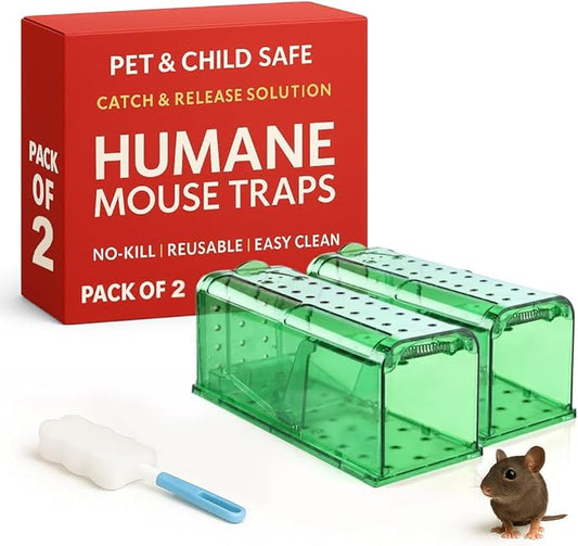 Humane Mouse Trap Pack of 2 - No Kill - Live Mouse Traps Indoor for Home Use - Reusable Rodent Traps for House Indoor, Safe & Effective Rat Trap Outdoor - Humane Mice Control with Cleaning Brush