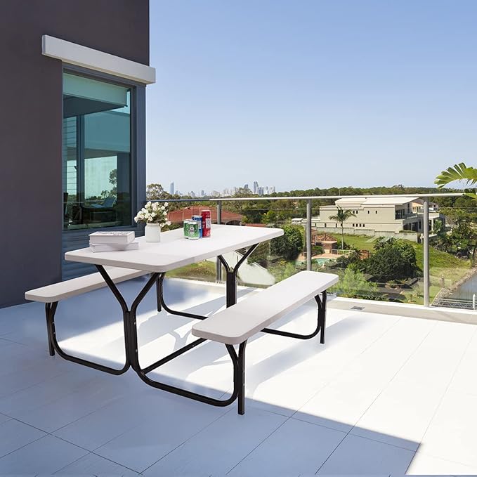 Moccha Picnic Table Bench Set - Portable Plastic Picnic Table w/Steel Frame & Wood-Like Texture, All Weather Heavy Duty Picnic Table Kit, Picnic Tables for Outdoors Garden Patio Party Dining (White)