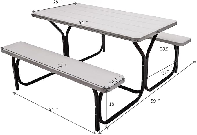 Giantex Picnic Table Bench Set Outdoor Camping All Weather Metal Base Wood-Like Texture Backyard Poolside Dining Party Garden Patio Lawn Deck Large Camping Picnic Tables for Adult (White)