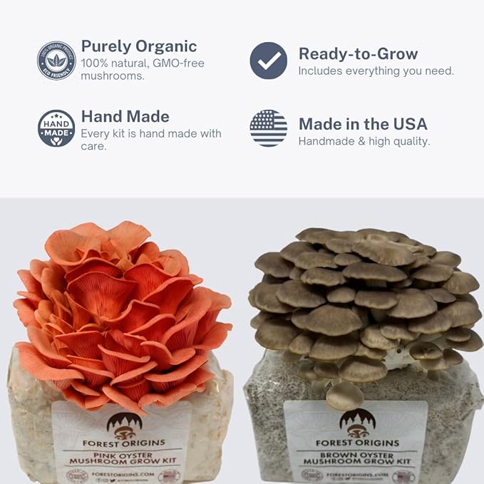 Pink & Brown Oyster Mushroom Grow Kit 2-Pack Variety - Beginner Friendly & Easy to Use, Grows in 10 Days | Handmade in California, USA | Top Gardening Gift, Holiday Gift & Unique Gift