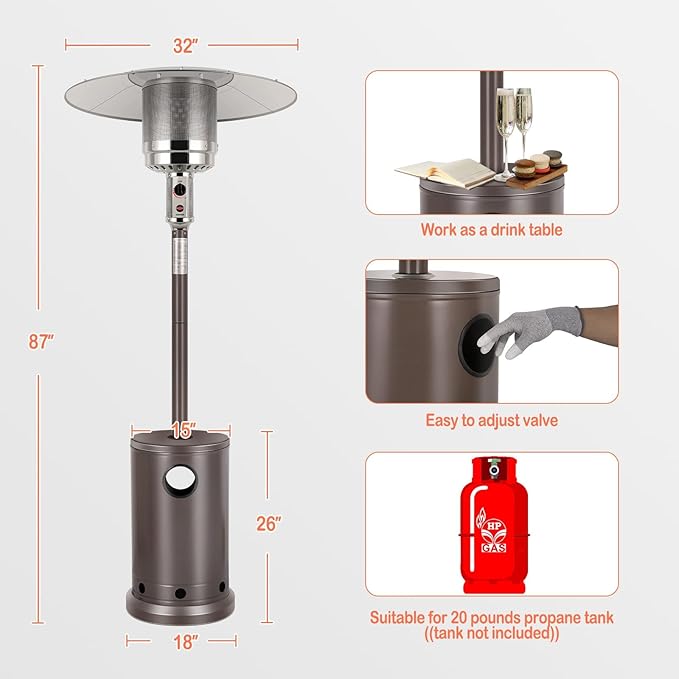 Hykolity 50,000 BTU Propane Patio Heater with Table Design, Stainless Steel Burner, Triple Protection System, Wheels, Outdoor Heaters for Patio, Garden, Commercial and Residentia(Brown)