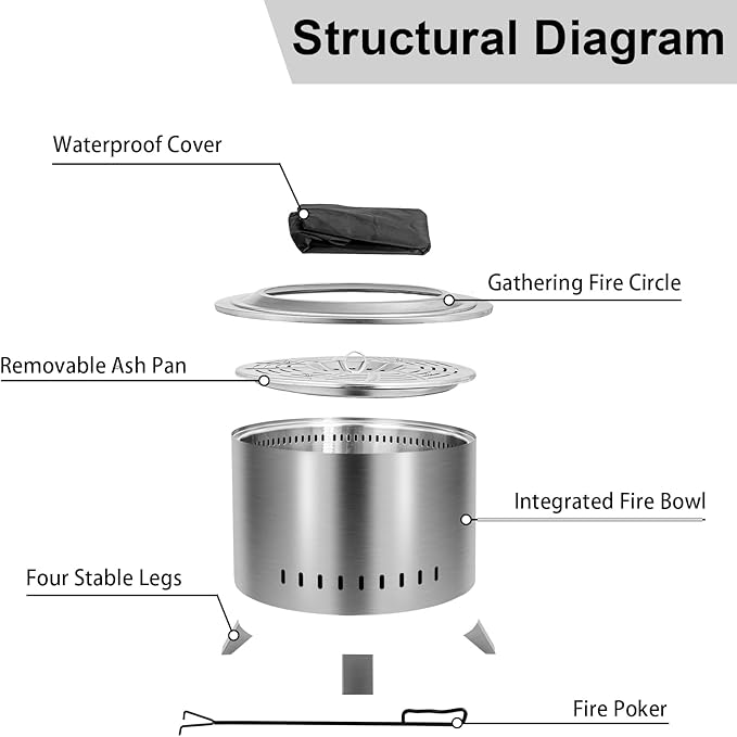 Smokeless Fire Pit,22 Inch Stainless Steel Firepit, Outdoor Wood Burning Fire Pit with Cover,Smokeless Firepits for Outside Backyard Patio Garden Camping Bonfire（Silver）