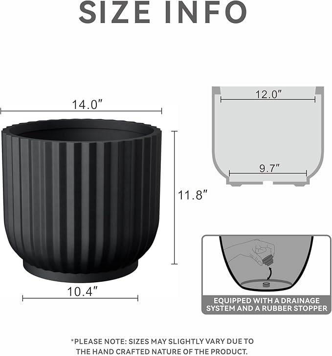 Kante Round Fulted Planter, 14 Inch Dia Large Concrete Plant Pots with Drainage Hole and Rubber Plug, Modern Decor for Indoor Outdoor Plants, Flower, Black