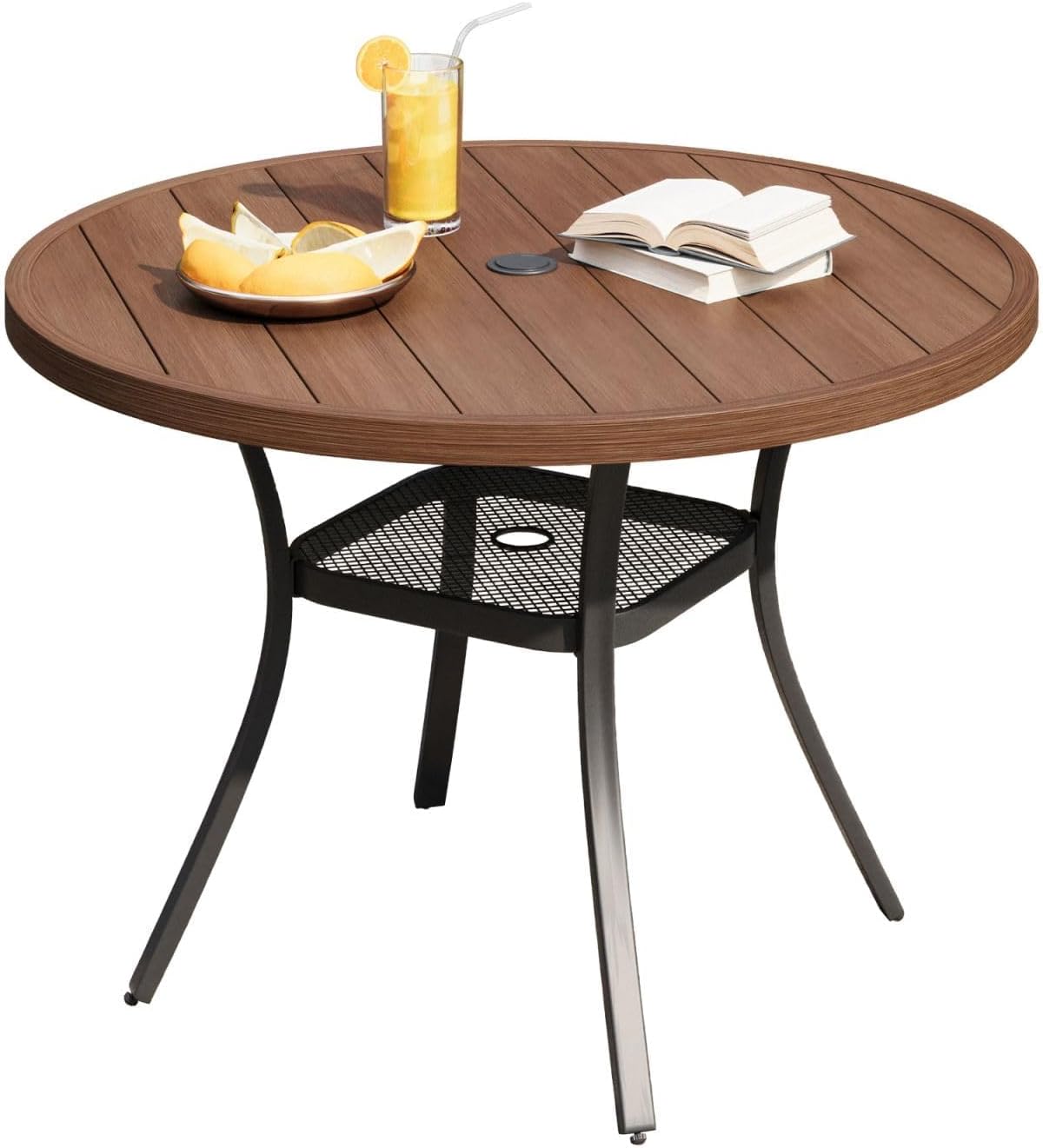 DIFY Outdoor Dining Table for 4 Person, 42"x 42" All Weather Round Patio Metal Table with 1.57" Umbrella Hole for Poolside Garden and Backyard, Walnut