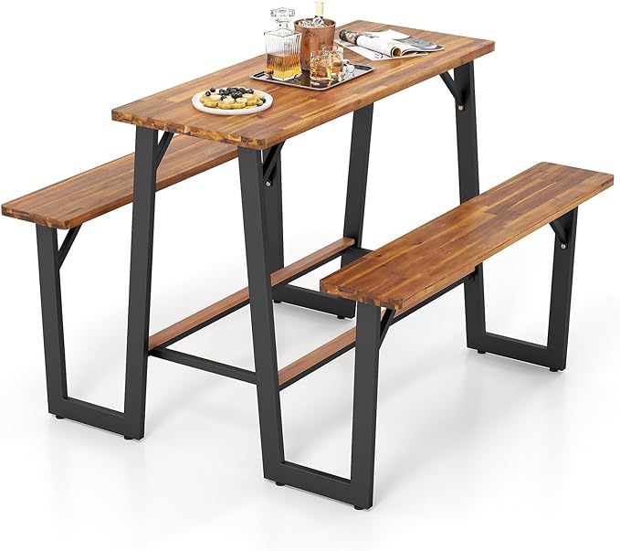 Tangkula Acacia Wood Picnic Table, 4-Person Outdoor Rectangular Table and Bench Set with 2 Built-in Benches, Footrests, Umbrella Hole, Heavy-Duty Metal Frame for Backyard, Poolside, Garden (Natural)