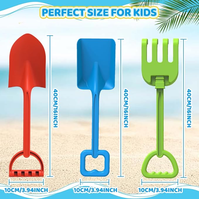 Dilabnba 16'' Beach Sand Shovels Spade Scoop Rake Tool for Kids Toddlers, Garden Snow Beach Sandbox Shovels Toy for Digging, Gift for Boys Girls- 3 PCS/Plastic