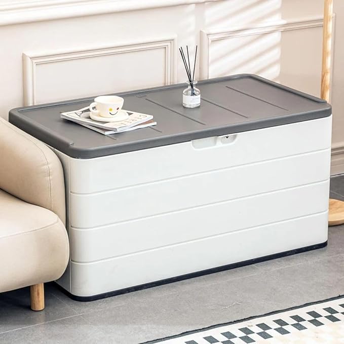 ZZM 110 Gallon Lockable Resin Deck Box, Waterproof Outdoor Storage Box for Patio Cushion Storage Cabinet and Tools Storage, White