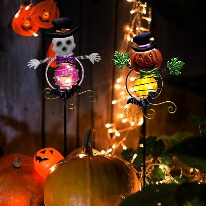 Solar Halloween Decorations Outdoor,2 Pack Pumpkin＆Skull Halloween Metal Yard Stakes,Solar Yard Signs Decorative Garden Stakes for Outside Lawn Patio Pathway