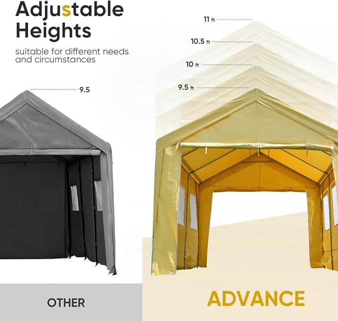 ADVANCE OUTDOOR 12x20 ft Car Canopy Garage Heavy Duty Carport Boat Shelter Party Tent, Adjustable Peak Height from 9.5ft to 11ft, with Removable Window Sidewalls and Doors, Beige