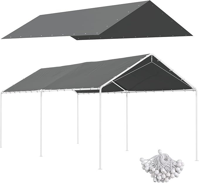 Outsunny 10' x 20' Carport Replacement Top Canopy Cover, UV Resistant and Water Resistant Car Port Portable Garage Tent Cover with Ball Bungee Cords, Dark Gray, Only Cover