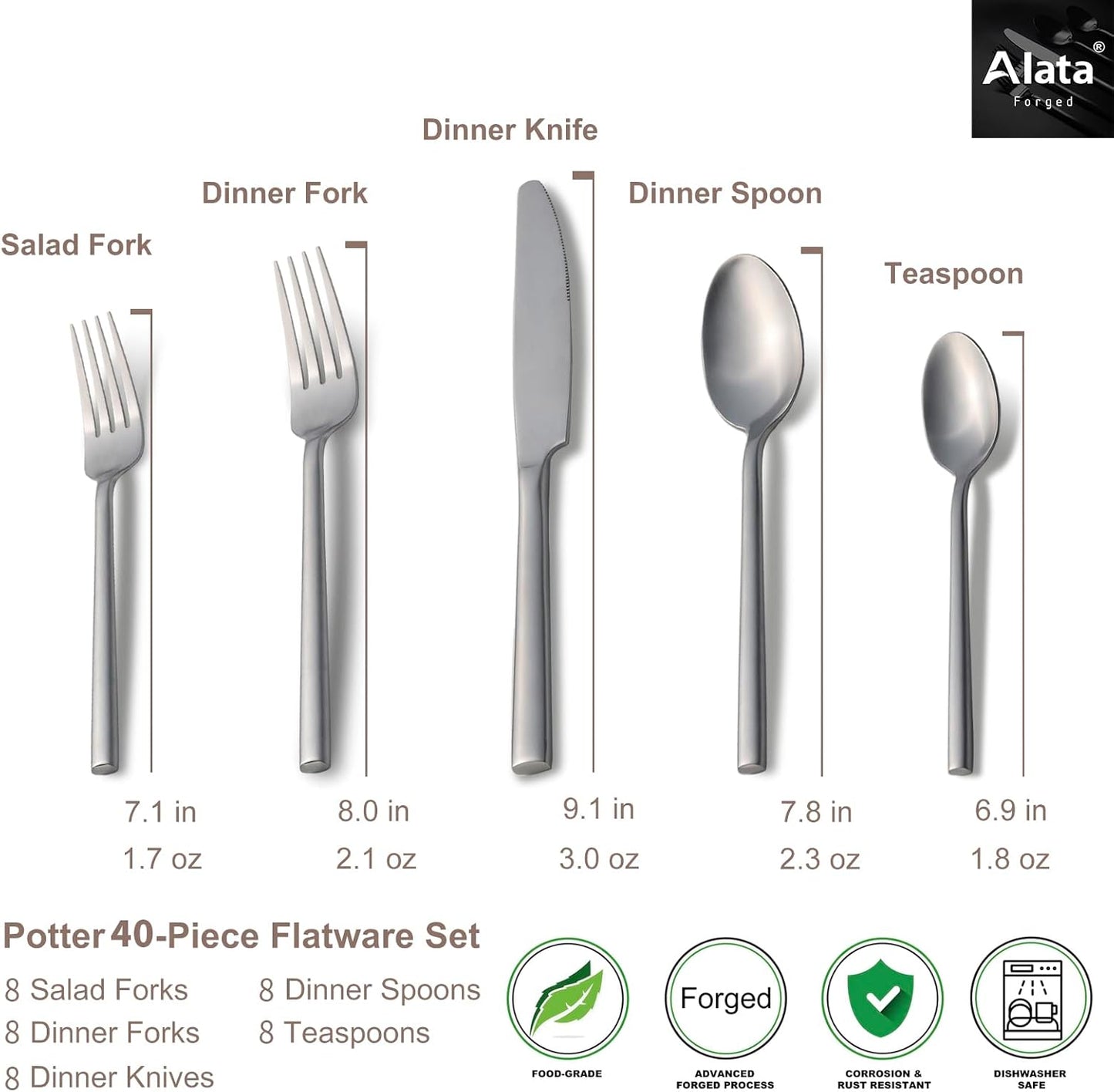 Alata Potter 40-Piece Forged Silverware Set, Service for 8 – Premium Stainless Steel Flatware Set, Modern Design with Satin Finish, Ideal for Home, Kitchen, Party, Camping