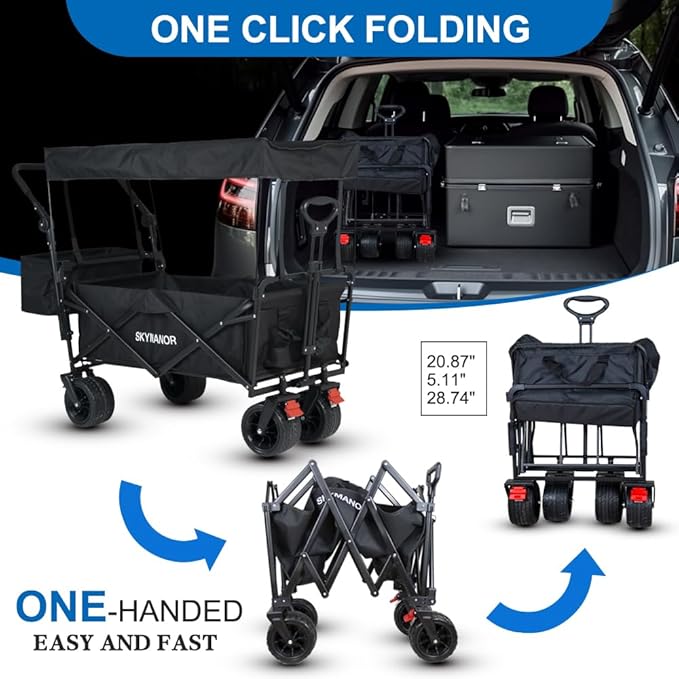 SKYMANOR Collapsible Wagon with Removable Canopy, 3-in-1 Heavy Duty Garden Cart with Big All-Terrain Wheels, Brakes, Adjustable Push Pull Handle, Cooler Bag, 300LBS Wagon Cart for Camping (Black)