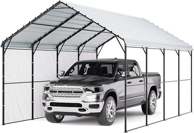 VEVOR Heavy Duty Metal Carport, 12' x 20' Outdoor Carport with Galvanized Steel Frame & Roof, Car Tent Garage Shade with Removable Sidewalls, Multi-Use Car Shelter for Pickup, Boat, Car & Tractors