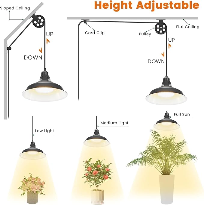 MYSWEETY Hanging Grow Light, Full Spectrum Hanging Plant Lights for Indoor, Vintage Decorative Grow Lights with 16.4FT Power Cord, Plug in Pendant Light with Adjustable Pulley for Plants, Flowers (2)