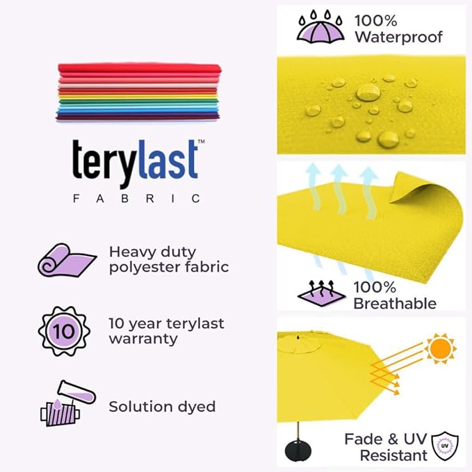 Midtown Umbrellas The Swilt 9 Feet Patio Umbrella in Terylast Sunflower (Yellow) Polyester Fabric - Fiberglass Ribs, Auto-Tilt Aluminum Frame For Backyard, Deck, Garden, Pool - White Pole