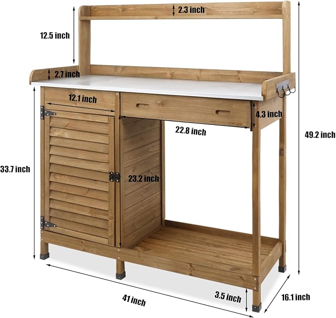 Garden Potting Benche Table Outdoor Wooden Work Station W/Metal Table top,Cabinet,Drawer,Large Bottom Shelf,Open Shelf Natural Wood-Brown-Brown