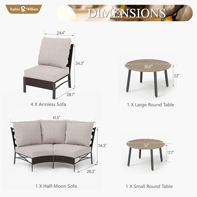 Sophia & William Half-Moon Patio Furniture Set for 8, Curved Outdoor Sofa Conversation Set with Coffee Table,Wicker Patio Sectional for Backyard, Beige