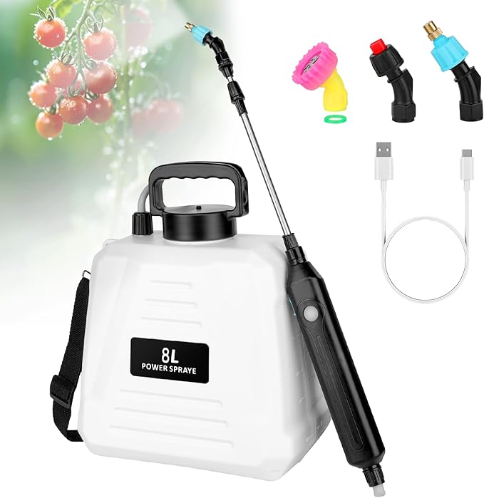 2 Gallon Battery Powered Sprayer, Electric Garden Sprayer, Pump Sprayer with 3 Mist Nozzles & USB Rechargeable Handle & Retractable Wand & Adjustable Strap for Lawn, Garden, Yard (White)