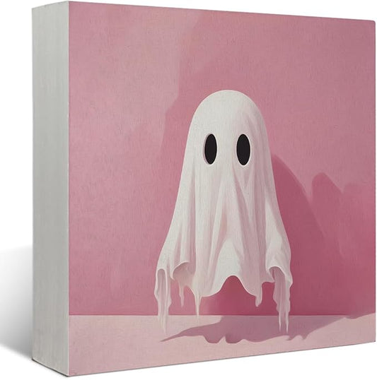 Mtrgdn Cute Halloween Decor,Halloween Decorations Indoor,Pink Ghost Desk Decor Wooden Box Sign,Halloween Home Office Kitchen Bathroom Bedroom Coffee Bar Table Shelf Wall Decorations,5x5 Inch