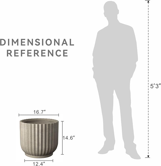 Kante Round Fulted Planter, 16.7 Inch Dia Large Concrete Plant Pots with Drainage Hole and Rubber Plug, Modern Decor for Indoor Outdoor Plants, Flower, Weathered Concrete