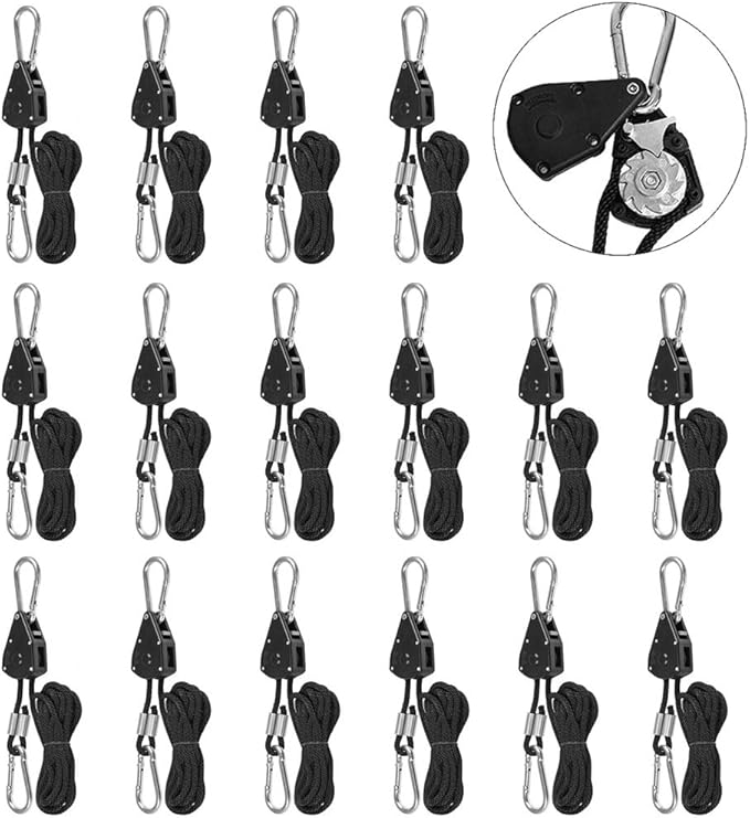 8 Pairs 1/8" Heavy Duty Ratchet Hangers, Adjustable Rope Hangers, Grow Light Rope Hangers for Grow Plant Fan Filter Light Room Equipment, 150 LB Capacity per Pair