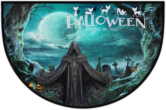 Halloween Half Round Door Mat, Halloween Pumpkin Cemetery Semicircle Door Mats, Non Slip Area Rug Soft Doormat for Indoor Entrance Wear Resistant Welcome Mat for Garage Patio Home Decor 24 x 36 In
