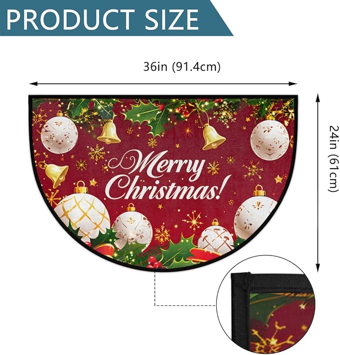 Christmas Half Round Door Mat, Christmas Bells Snowflakes Balls Semicircle Door Mats, Non Slip Area Rug Soft Doormat for Indoor Entrance Wear Resistant Welcome Mat for Garage Patio Home 24 x 36 In