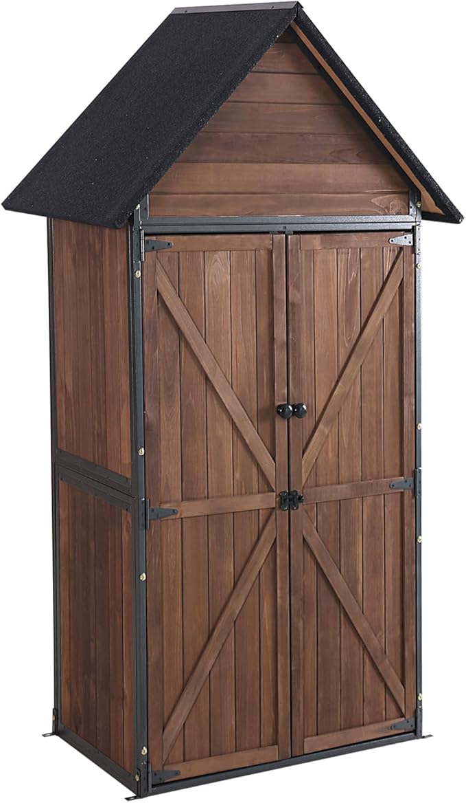 GUTINNEEN Shed Outdoor Storage Upgraded with Durable Metal Frame Garden Shed Tool Storage Cabinet with Wooden Floor Adjustable Shelfs 2.5 x 1.4FT （Dark Color）