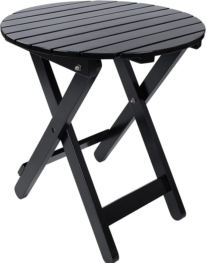 Outdoor Patio Side Table Round Small Wood End Table Folding Coffee Furniture for Living Room, Bedroom, Plant Stand, Camping Portable Black