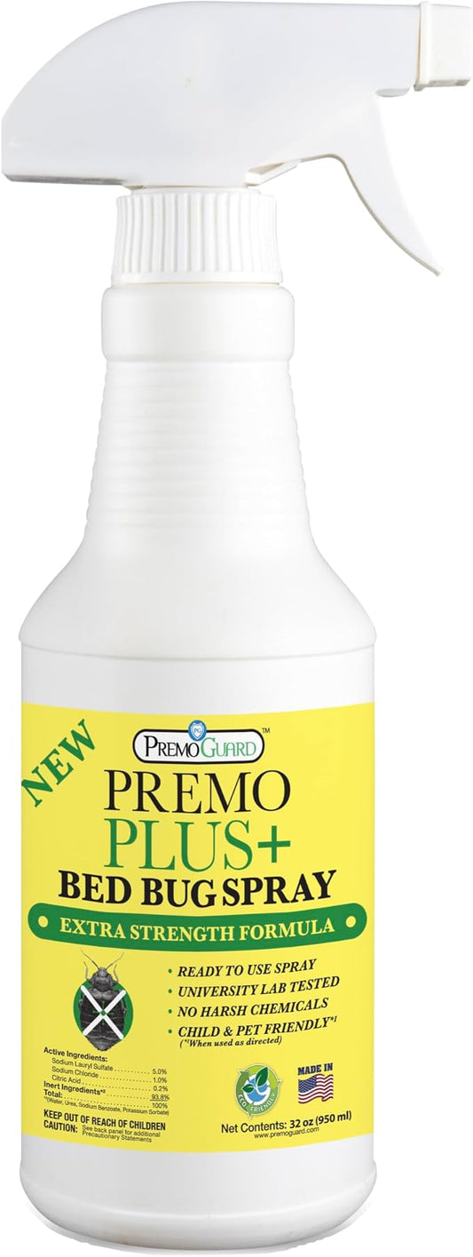Premo Plus+ Bed Bug Spray Extra Strength – 32 oz – Fast Acting Bed Bug Treatment & Killer – Stain & Scent Free – Child & Pet Safe – Powerful New Stronger Formula – Natural with No Harmful Chemicals