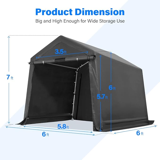 ADVANCE OUTDOOR 6X6 ft Storage Tent Outdoor Portable Shelter Shed with 2 Rolled up Zipper Doors & Vents Carport for Motorcycle Waterproof and UV Resistant Portable Garage Kit Tent, Gray