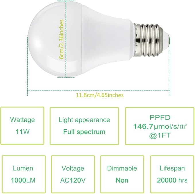 Grow Light Bulbs for Indoor Plants, Full Spectrum Grow Light Bulb, 11W LED Growing Plant Light Bulb for Seed Starting, Hydroponics, Vegetable, Flowers, Greenhouse, 100W Equivalent, A19, E26, Pack of 6