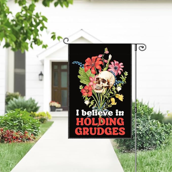 I Believe In Holding Grudges Garden Flag, Funny Floral Skull Halloween Yard Sign for Outside, Sarcastic Skeleton Halloween Decor for Ourdoor Lawn Porch, Inclusive Equality Liberal Fall Banner
