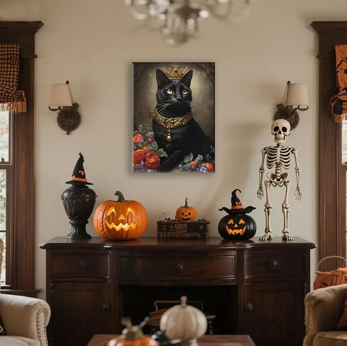 Jatinoo Gothic Halloween Decor - Black Cat Framed Canvas Art Print, Witchy Moody Wall Decor for Living Room, Goth Home Accessories, 11.5x15 Inch Vintage Style