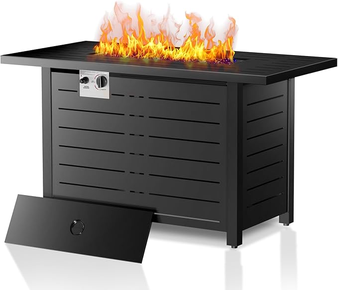 43 Inch Propane Fire Pit Table, 3-in-1 Multi-Use 50,000 BTU Square Gas Fire Pit with Lid & Blue Glass Stones, Steel Tabletop, Adjustable Flame, for Patio, Backyard, Deck, Outdoor Gatherings