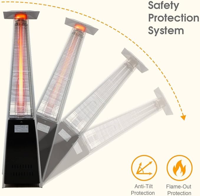 Outdoor Heaters for Patio 42,000BTU, Pyramid Patio Heater Quartz Glass Tube, Outdoor Heater Safety Protection System, Propane Heater with Wheels for Commercial & Residential, Black