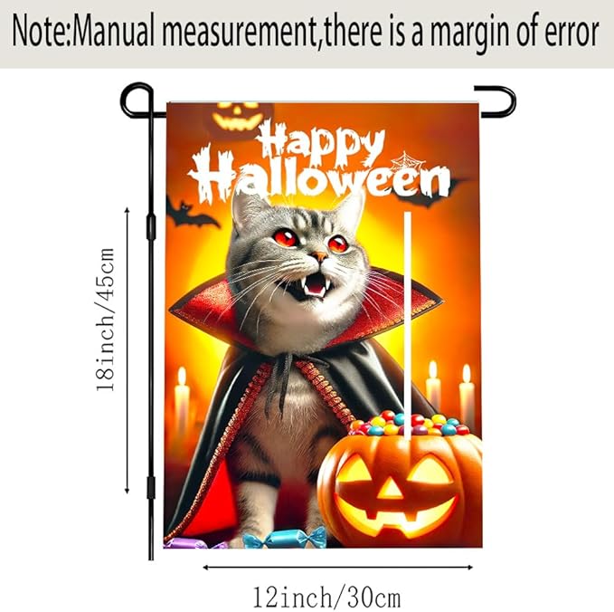 Halloween Garden Flag 11.81 x 17.72 Inch Gray Cat in Vampire Cape with Fangs Pumpkin Candy Bats and Happy Halloween Outdoor Yard Decoration for Holiday Party