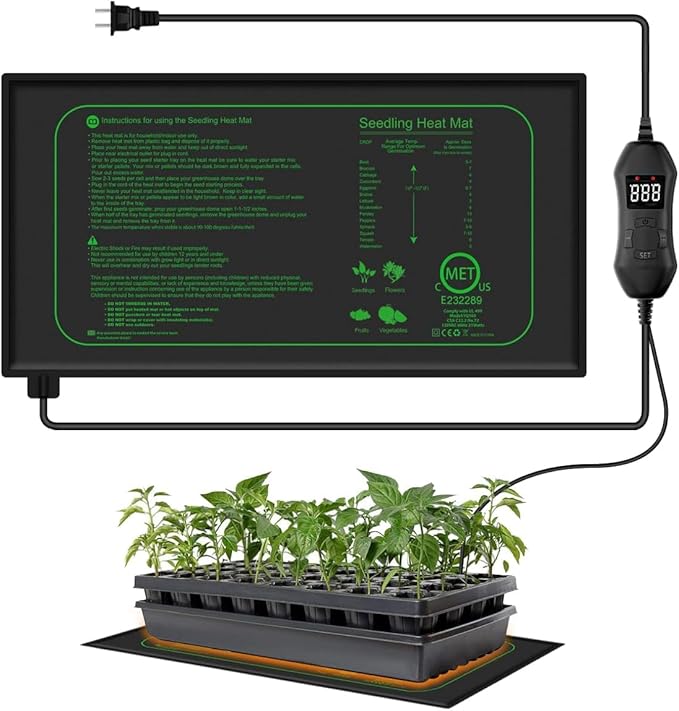 Seedling Heat Mat with Digital Thermostat, 10" x 20.75" Waterproof Heating Pad for Hydroponic Germination Seed Starting, Adjustable Controller
