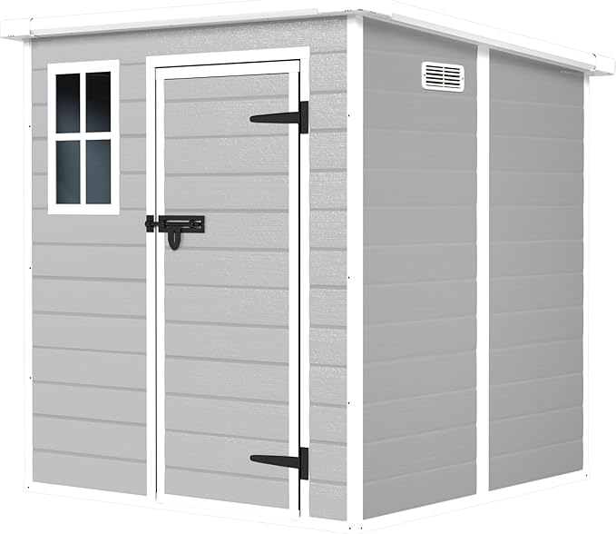 6x6 FT Storage Shed Garden House with Lockable Doors and Vents Waterproof Resin Outdoor Tool Cabinet W/Floor & Window,for Bicycles,Lawnmowers,Lawn,All Weather Use,Gray