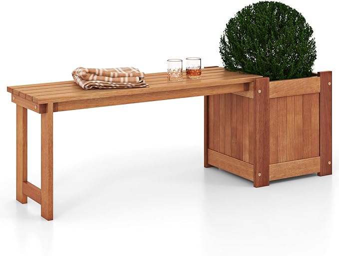 Giantex 2-in-1 Outdoor Bench with Raised Garden Bed, Wood Seat with Teak Oil Finish, Planter Box with Open-Ended Base, Garden Bench Seat for Porch Balcony Lawn Yard, DIY Assembly