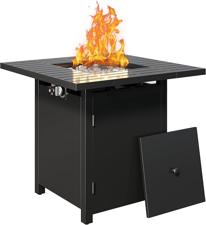 Royalcraft 2 in 1 Propane Fire Pit Table, 50000 BTU Gas Fire Pits Table with Removable Lid, Lava Rock and Cover, Square Fire Table for Dining or Party on Garden, Patio, Yard, 30", Black