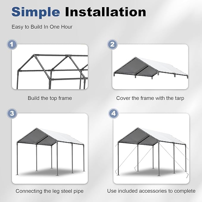 Grezone 10 x 20ft Heavy Duty Carport,Portable Car Tent Garage,All Season UV Resistant Car Canopy for Auto,Truck,Boat,Car (White)