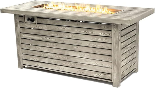 54'' Rectangle Steel Propane Fire Pit Table for Outdoor Home Garden Backyard Fireplace, Wood-Like Grain, Grey