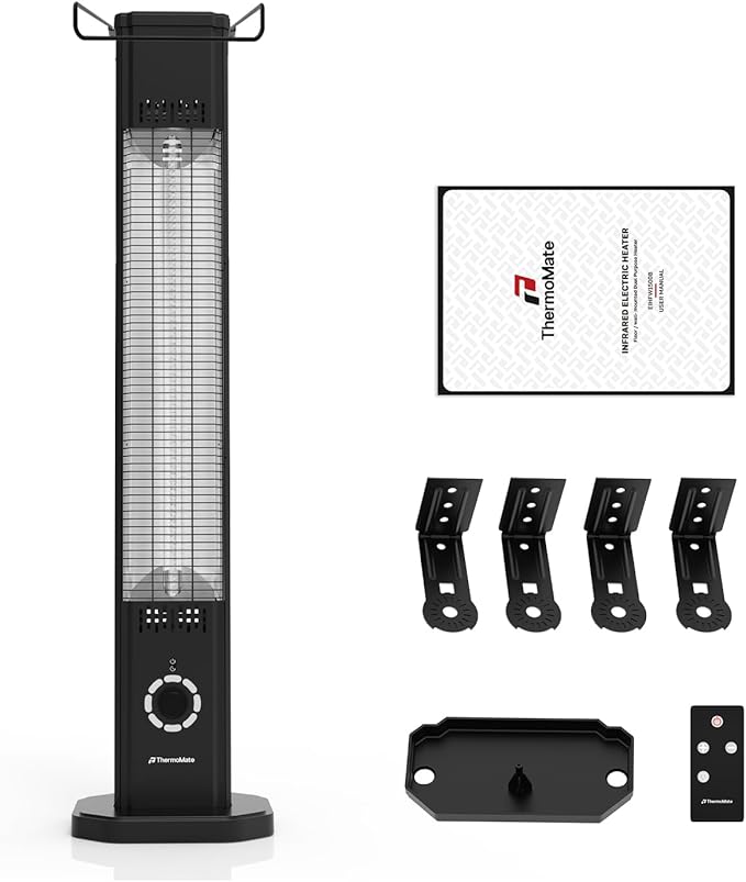 Outdoor Electric Patio Heater, ThermoMate 1500W Freestanding & Wall-mounted Infrared Heater with Remote, 8 Heat Levels, 8H Timers, Tip-Over & Overheat Protection, IP65 Waterproof Tower Space Heater